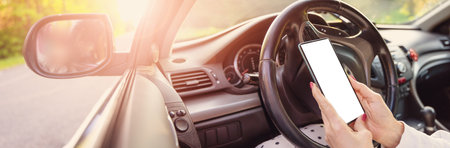 Woman sitting at the steering wheel and typing in smartphone.の写真素材