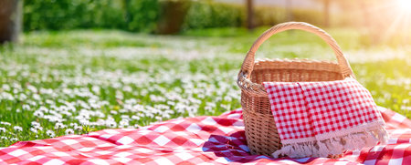 Checkered tablecloth lying on the fresh green grass and wicker picnic basket standing on it.の写真素材