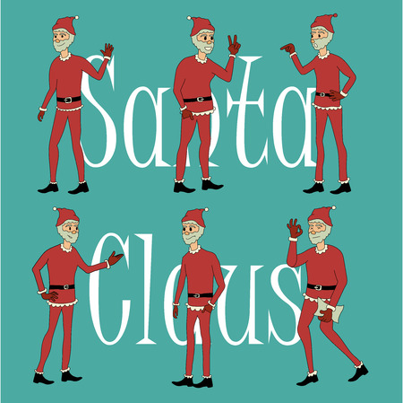 Merry Christmas and Happy New Year with Collection of Christmas Santa Claus. Set of funny cartoon characters with different emotions and New Year's objects.のイラスト素材