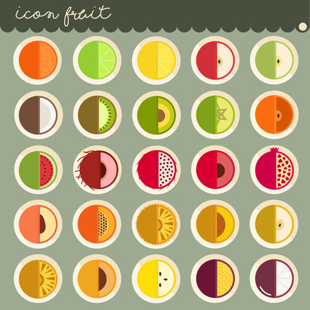 25 set Basic Flat design, colors of fruits vector collections, Set of fruits are apple, banana, orange, grapes, cherries, strawberry, lemon, Isolated on green background, part 3 - icons illustration.のイラスト素材