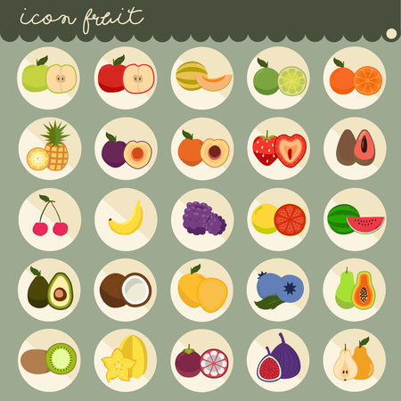25 set Basic Flat design, colors of fruits vector collections, Set of fruits are apple, banana, orange, grapes, cherries, strawberry, lemon, Isolated on green background, part 1 - icons illustration.のイラスト素材