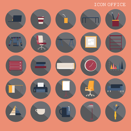 25 set Basic Flat design, Contains such Icons as Workplace, business and office equipment items, Reception Desk and more, Isolated on Orange background, part 4 - vector icons illustration.のイラスト素材