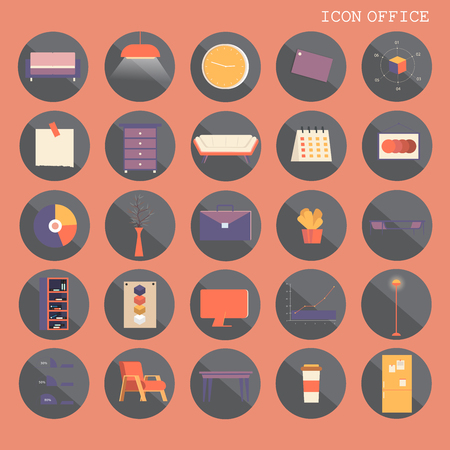 25 set Basic Flat design, Contains such Icons as Workplace, business and office equipment items, Reception Desk and more, Isolated on Orange background, part 3 - vector icons illustration.のイラスト素材