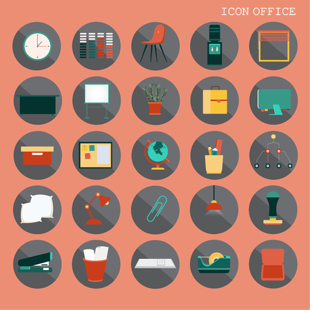 25 set Basic Flat design, Contains such Icons as Workplace, business and office equipment items, Reception Desk and more, Isolated on Orange background, part 2 - vector icons illustration.のイラスト素材