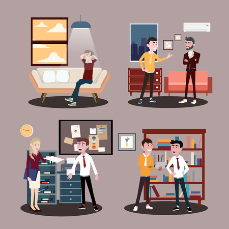 Vector illustration in a flat style of business office team workers women, men and boss in uniform in meeting room, presentation in various action.part 9 - vector icons illustration.のイラスト素材