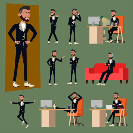Vector illustration in a flat style of business office men or boss in working uniform suit. varies action of salary man using smartphone, working with computer pc laptop in work desk and relax sofa.のイラスト素材
