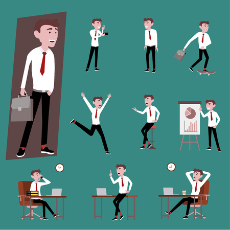 Vector illustration in a flat style of business officer salary man in working uniform. Many action of the man using smartphone, working with pc laptop on work desk, presentation goal sucess planning.のイラスト素材