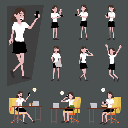 Vector illustration in a flat style of office salary woman in working uniform. Many action of the happy woman using smartphone with social network, working with laptop on work deskのイラスト素材