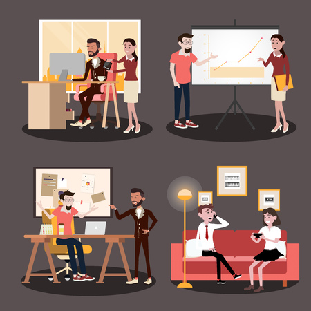 Vector illustration in a flat style of business office team workers women, men and boss in uniform in meeting room, presentation in various action.part 6 - vector icons illustration.のイラスト素材