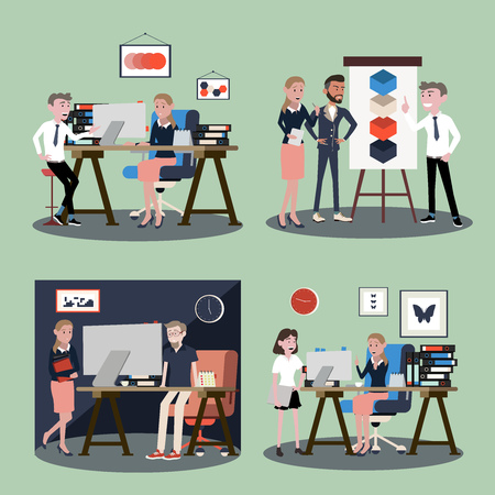 Vector illustration in a flat style of business office team workers women, men and boss in uniform in meeting room, presentation in various action.part 5 - vector icons illustration.のイラスト素材