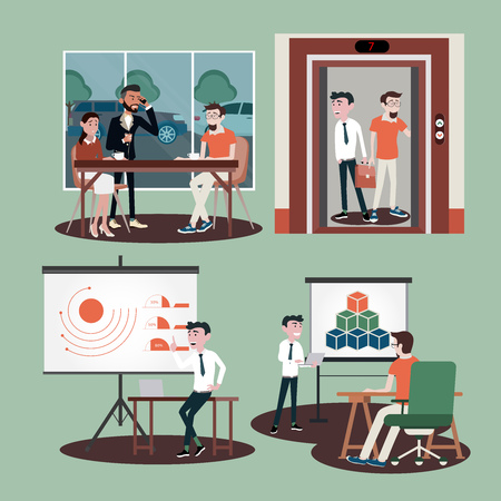 Vector illustration in a flat style of business office team workers women, men and boss in uniform in meeting room, presentation in various action.part 4 - vector icons illustration.のイラスト素材