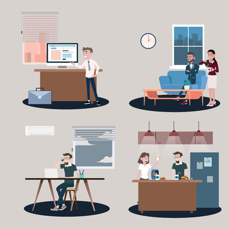 Vector illustration in a flat style of business office team workers women, men and boss in uniform in meeting room, presentation in various action.part 3 - vector icons illustration.のイラスト素材