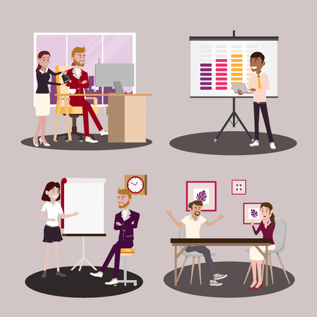 Vector illustration in a flat style of business office team workers women, men and boss in uniform in meeting room, presentation in various action.part 2 - vector icons illustration.のイラスト素材