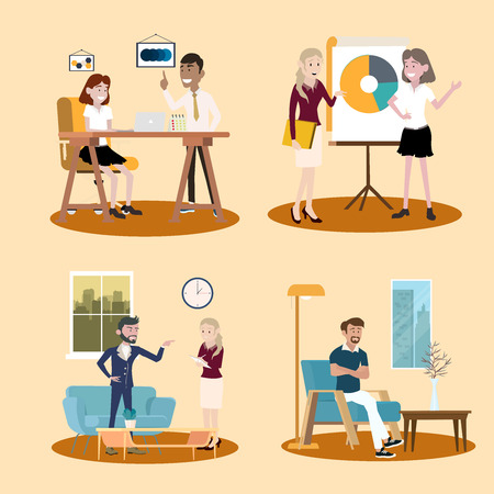 Vector illustration in a flat style of business office team workers women, men and boss in uniform in meeting room, presentation in various action.part 1 - vector icons illustration.のイラスト素材