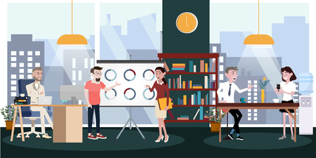 Set of business people and situations of the office team workers women, men and boss in uniform in meeting room presentation in shared working environment. part 3 - vector icons illustration.のイラスト素材