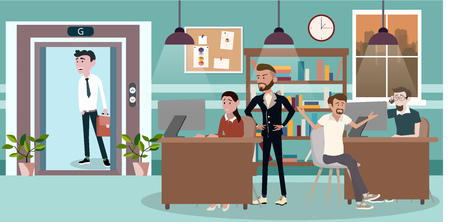 Set of business people and situations of the office team workers women, men and boss in uniform in meeting room presentation in shared working environment. part 1 - vector icons illustration.のイラスト素材