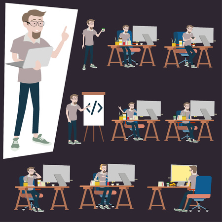 Vector illustration in a flat style of programmer working in office desk. Many action of the man using computer pc on the cluttered desk, presentation the portfolio by laptop and goal chart planning.のイラスト素材