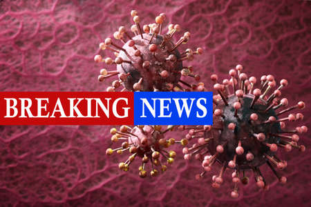 Breaking news Covid-19 isolated on coronavirus simulation cell red background.