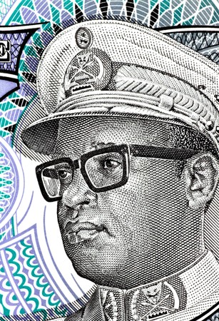 Mobutu on 5 nouveaux makuta 1993 banknote from Zaire. President of Zaire during 1965-1997. His bad management of Zaire's economy & personal enrichment from it made him synonymous with kleptocracy in Africa.の写真素材