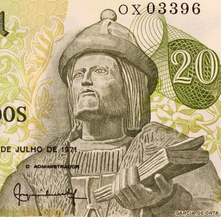 Garcia de Orta on 20 Escudos 1971 Banknote from Portugal. Physician, naturalist and pioneer of tropical medicine.の写真素材