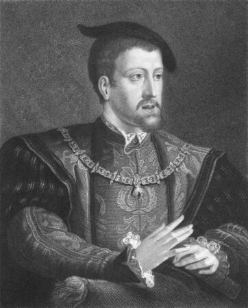 Charles V on engraving from the 1850s. Ruler of the Holy Roman Empire from 1519 and of Spain as Charles I from 1506 until his abdication in 1556.のeditorial素材