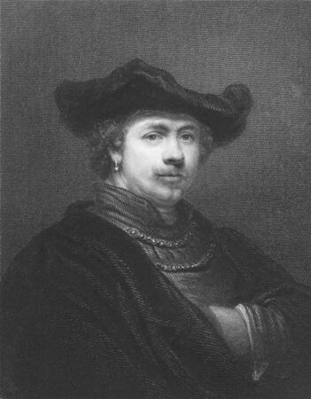 Rembrandt on engraving from the 1850s. Dutch painter and etcher. One of the greatest painters and printmakers.のeditorial素材