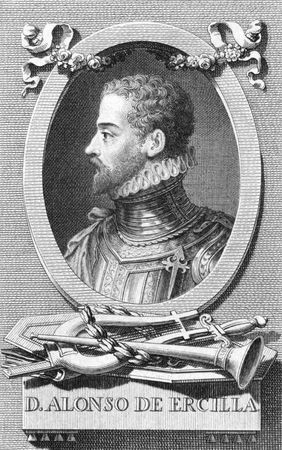 Alonso de Ercilla (1533-1594) on engraving from the 1800s. Spanish nobleman, soldier and epic poet.Engraved by Carmona.のeditorial素材
