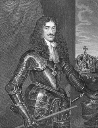 Charles II (1630-1685) on engraving from the 1800s. King of England, Scotland and Ireland durong 1660-1685. Engraved by W.Finden and published in London by J.Tallis & Co.のeditorial素材