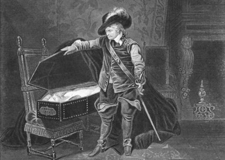 Cromwell viewing the dead body of Charles I on engraving from the 1800s. Engraved by J.Rogers after a painting by Paul de la Roche.のeditorial素材