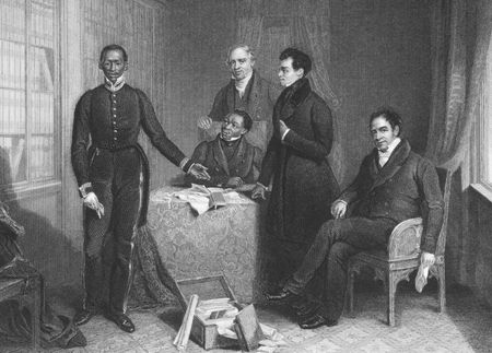 Giving evidence before the committee of the house of commons on engraving from the 1800s. Engraved by R.Woodman after a painting by H.Room and published in London by Fisher, Son & Co in 1844.のeditorial素材