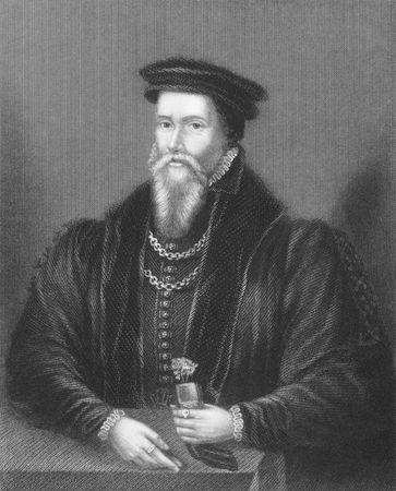 John Caius (1510-1573) on engraving from the 1800s. English physician and second founder of the Gonville and Caius College, Cambridge. Engraved by Egleton and published in London by Fisher, Son & Co in 1838.のeditorial素材