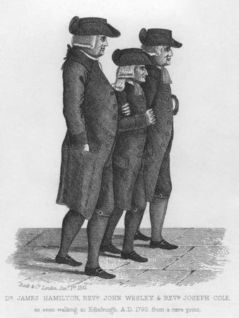 John Wesley walking in Edinburgh between James Hamilton and Joseph Cole. Wesley was the founder of...