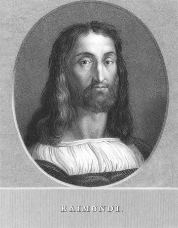 Marcantonio Raimondi (1480-1534) on engraving from the 1800s. Italian engraver considered a key figure in the rise of the reproductive print. Engraved by W.Holl from a print by Rosaspina after a picture by Raphael and published in London by Charles Knightのeditorial素材