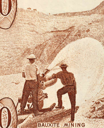 Bauxite Mining on 10 Dollars 1992 Banknote from Guyana.