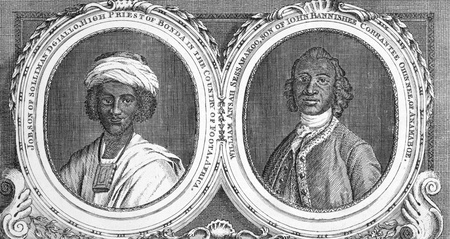 Job, Son of Solliman D Giallo, High Priest of Bonda in the Country of Foota, Africa and William Ansah Sessarakoo, Son of John Bannishee Corrantee, of Anamaboe. Engraving from 1750 published in Gent Magazine.のeditorial素材
