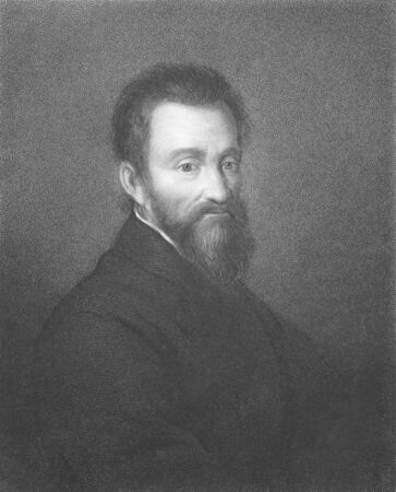 Michelangelo (1475-1564) on engraving from the 1800s. Italian Renaissance painter, sculptor, architect, poet, and engineer. Engraved by R.Woodman and published in London by Charles Knight, Pall Mall East.のeditorial素材