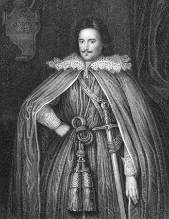 Edward Herbert, 1st Baron Herbert of Chirbury (1583-1648) on engraving from 1840. Anglo-Welsh soldier, diplomat, historian, poet & religious philosopher. Engraved by W.Holl and published by the London printing and publishing company.のeditorial素材