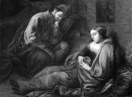 Weary travellers on engraving from 1875. Engraved by Mauduit after a painting by Rembrandt.のeditorial素材