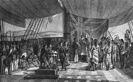 The Christening of the Kings Prime Minister in Sandwich Islands (Hawaii) on engraving from the 1800s.のeditorial素材