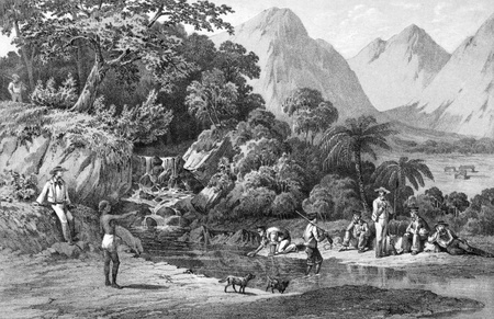 Expedition of an American squadron while in Kanaka Village, Bonin Islands, Japan on engraving from 1856. Engraved by Duval after a drawing by Heine.のeditorial素材