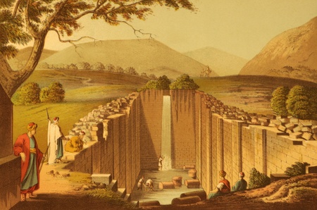 Fountain of Siloam on engraving from the 1800s by Luigi Mayer. A freshwater reservoir that was a...