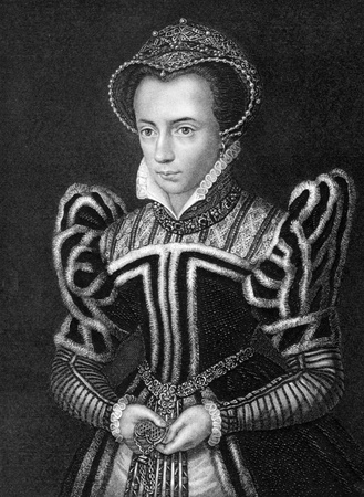 Mary I of England (1516-1558) on engraving from 1838. Queen regnant of England and Ireland during 1553-1558. Engraved by H.T.Ryall after a painting by Holbein and published by J.Tallis & Co.のeditorial素材