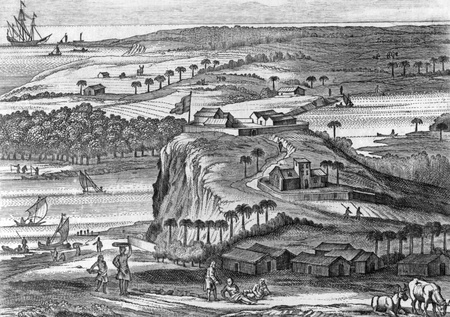 The fortress of Kalutara in Sri Lanka on engraving from 1672. Engraved by Baldaeus and published in his book Description of the Isle of Ceylon.のeditorial素材