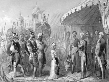 The submission of the young Maharaja Duleep Singh to Sir Henry Hardinge at the end of the 1st Sikh War on engraving from 1846. Drawn and engraved by H.K.Browne.のeditorial素材