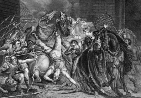 William Walworth Lord Mayor of London Killing Wat Tyler in Smithfiled in 1381 on engraving from the 1800s.  Engraved by J.Rogers after a painting by J.Northcote and published by J.& F.Tallis.のeditorial素材