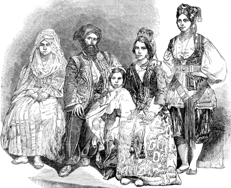 Algerian family on engraving from 1800s.のeditorial素材