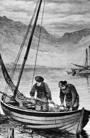 Fishing boats on engraving from 1800s.のeditorial素材