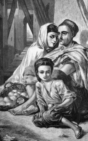 Kabyle orange sellers in Algeria on engraving from 1870. Engraved by W.Thomas from a painting by A.Elmore and published in the Graphic.のeditorial素材