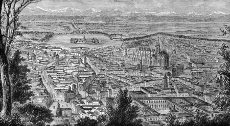 General view of Milan, Italy on engraving from 1800s.のeditorial素材