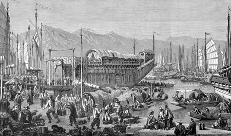 Water View, Shanghai on engraving from 1871.のeditorial素材